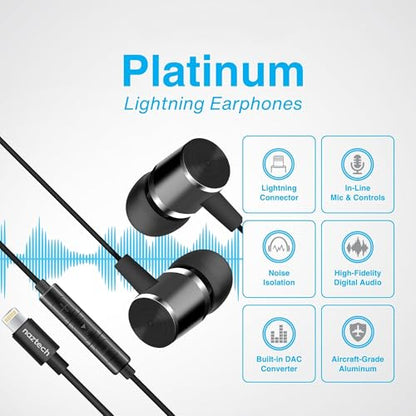 Naztech Platinum Lightning Wired iPhone Headphones - MFi Wired Earbuds for iPhone, iPad & iPod, Premium Noise Isolating Fit with in-Line Controls and Mic, Black