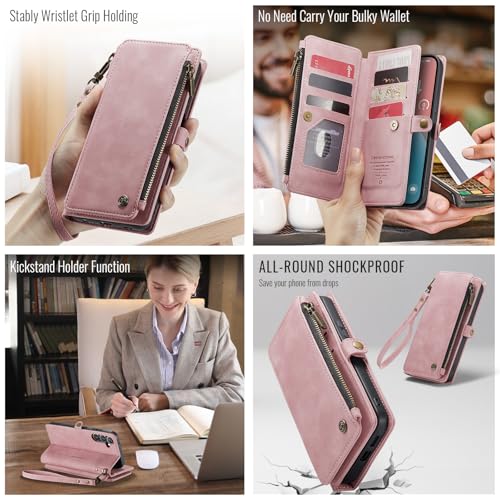 Defencase for Samsung Galaxy S25+/Plus Wallet Case with Card Holder, Pink | with RFID Blocking Zipper Pocket, Durable PU Leather, Wrist Strap, S25 Plus Flip Phone Cases Cover with Stand for Women Men - color: Airy Rose Pink