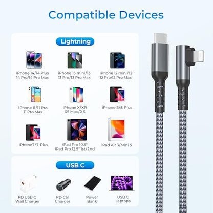 Elebase Right Angle USBC to Lightning Charger Cable 10FT with USB Adapter - color: Angled-Gray, size: 10 FT