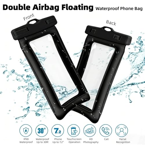 Waterproof Bag Set IPX8 2 Pcs: Black 9.8" Clear Fanny Pack & 7" Waterproof Phone Pouch, Floating Phone Case, Water Proof Dry Bag with Adjustable Strap for Beach Swim Kayak Boat Cruise Essentials - color: Black fanny pack + Phone pouch 7"