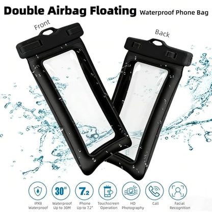 Waterproof Bag Set IPX8 2 Pcs: Black 9.8" Clear Fanny Pack & 7" Waterproof Phone Pouch, Floating Phone Case, Water Proof Dry Bag with Adjustable Strap for Beach Swim Kayak Boat Cruise Essentials - color: Black fanny pack + Phone pouch 7"