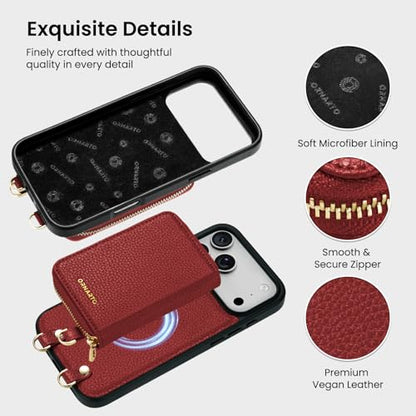 ORNARTO Magnetic Detachable Wallet Case for iPhone 17 Pro Max, Brick Red | Compatible with MagSafe, Crossbody Wallet Case with Card Holder Wrist Strap, RFID Blocking PU Leather Wallet Phone Cover 6.9” - color: Brick Red