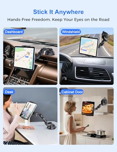 PLDHPRO Tablet Car Mount for Dashboard & Windshield, Heavy Duty iPad Holder for Truck, 360° Adjustable Suction Cup Stand Fits 5.5–14.6” Tablets & Phones, Stable for GPS & Road Trips - size: 8.7 in Arm