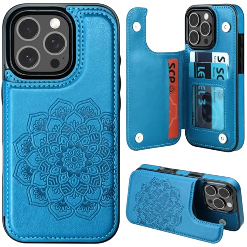MMHUO for iPhone 16 Pro Case with Card Holder,Flower Magnetic Buttons Protective Wallet Case for Women for iPhone 16 Pro (6.3 Inch),Blue - color: Blue, size: for iPhone 16 Pro 6.1"-(S)(Three Cameras)