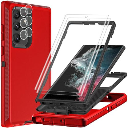 for Samsung Galaxy S22 Ultra Case with 2Pcs Self Healing Flexible TPU Screen Protector & Camera Lens Protector, 3 in 1 Heavy Duty Shockproof/Drop Proof/Dust Proof Case (Red/Black) - color: Red/Black
