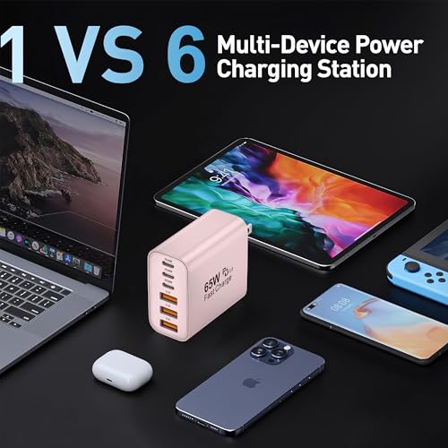 65W USB C Charger Block,6-Port Multi Device Fast Charger PD QC Wall Adapter - color: Pink, size: 65w