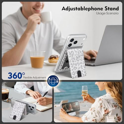 RFID Blocking MagSafe Wallet Stand with Card Holder,5 Card Slots & ID Window,PU Leather Magnetic Adjustable Kickstand for iPhone 12/13/14/15/16/17 Pro Max & Air Plus Series,Leopard-White - color: Leopard-White, style: Stand Wallet