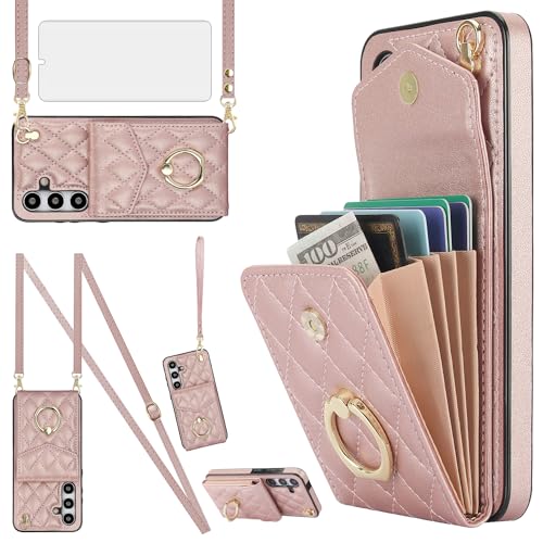Asuwish Phone Case for Samsung Galaxy S24 5G Wallet Cover with Tempered Glass Screen Protector and Crossbody Wrist Strap Ring Stand RFID Blocking Card Holder Cell S 24 24S G5 Women Men Girls Rose Gold - color: Rose Gold
