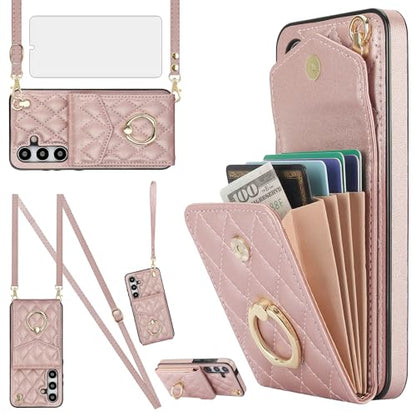 Asuwish Phone Case for Samsung Galaxy S24 5G Wallet Cover with Tempered Glass Screen Protector and Crossbody Wrist Strap Ring Stand RFID Blocking Card Holder Cell S 24 24S G5 Women Men Girls Rose Gold - color: Rose Gold