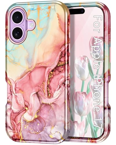 Btscase Compatible with iPhone 17 Case 6.3 Inch 2025,Marble Pattern 3 in 1 Heavy Duty Shockproof Full Body Rugged Hard PC+Soft Silicone Drop Protective Women Girl Phone Cases, Rose Gold - color: A-Rose Gold, size: iPhone 17