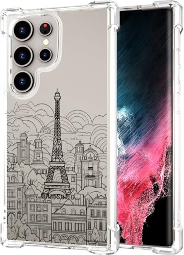 Hungo Galaxy S24 Ultra Case for Women Clear Design Cute,Girly Girls Case Compatible with Samsung Galaxy S24 Ultra Eiffel Tower Paris Cityscape Clouds Buildings Skyline City Tour - color: Cityscape
