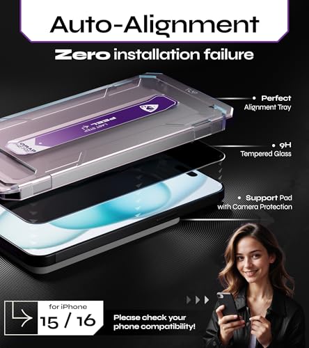 Defenslim for iPhone 15/16 Privacy Screen Protector (2Pack), Easy Auto-Dust & Align Install Kit, 6.1" Tempered Glass, 9H Hardness, Privacy Protection, Case Friendly, SpyShield