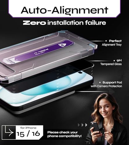 Defenslim for iPhone 15/16 Privacy Screen Protector (2Pack), Easy Auto-Dust & Align Install Kit, 6.1" Tempered Glass, 9H Hardness, Privacy Protection, Case Friendly, SpyShield