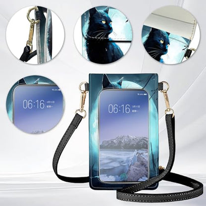 for Women Cell Phone Purse,with Touchscreen Cell Phone Purse,PU Leather Shoulder Bag Waterproof Phone Wallet Case with Clear Touch Screen Window up to 6.7 inch Smartphone, - color: Black Cat / Blue Sky -193
