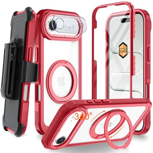 Magnetic for iPhone Air Case, Compatible with MagSafe, Full Body Rugged Case with Built-in Screen Protector & Kickstand & Belt-Clip (Red) - color: Red