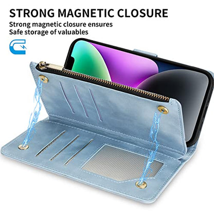 ZZXX iPhone 14 Case Wallet with [RFID Blocking] Card Slot Premium Soft PU Leather Zipper Flip Folio with Wrist Strap Kickstand Protective Phone Cover for iPhone 14 Wallet Case(Light Blue-6.1 inch) - color: Light Blue, size: iPhone 14