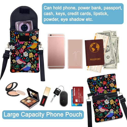 Neoprene Cell Phone Sleeve Pouch Case Bag with Crossbody Strap Neck Lanyard for Women 7.5 X 4.3 in Flower Bird - color: Flower Bird 1