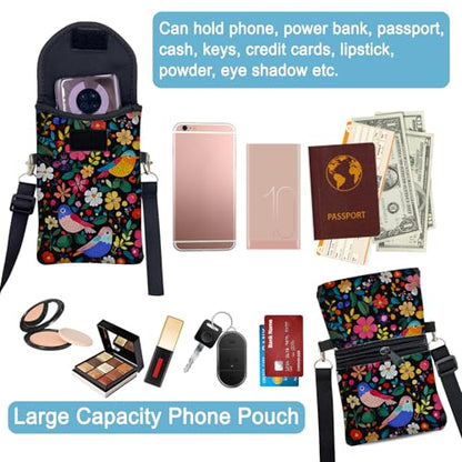 Neoprene Cell Phone Sleeve Pouch Case Bag with Crossbody Strap Neck Lanyard for Women 7.5 X 4.3 in Flower Bird - color: Flower Bird 1