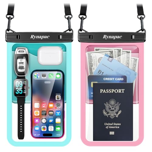 Rynapac Large Waterproof Phone Pouch Up to 10", 2 Pack IPX8 Protector Pouch | Large Capacity, Touchscreen & Underwater Photos, Adjustable Lanyard for iPhone 17 16 15 Pro Max, Beach Cruise Essentials 2026 - color: [Mint + Pink] Large Waterproof Phone Pouch