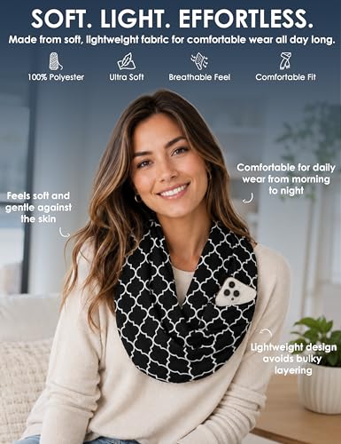 Pop Fashion Quatrefoil Pattern Infinity Scarf for Women - Travel Scarf with Hidden Pocket - All Seasons - color: Black, size: 24.5 x 9.5