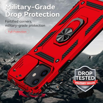 for iPhone 12/ iPhone 12 Pro Case with Camera Lens Cover, Red | HD Screen Protector, 16 FT Military Grade Drop Protection, Magnetic Kickstand Rugged Shockproof Protective Cove - color: Red