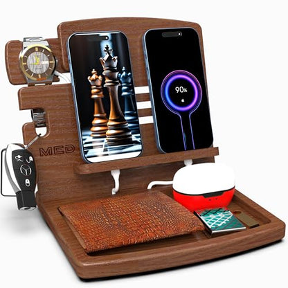 MED Wood Phone Docking Station Nightstand Desk Organizer for Phone, Watch, Wallet & Tablet Gift for Men, Husband, Father's Day, Dad & Women Model 1 (Dark Walnut) - color: Dark Walnut