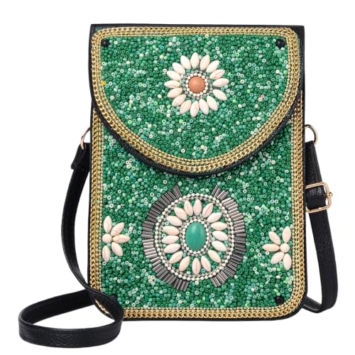 Small Crossbody Bags for Women, Cell Phone Shoulder Bag Boho Wallet Purse - color: Green Turquoise