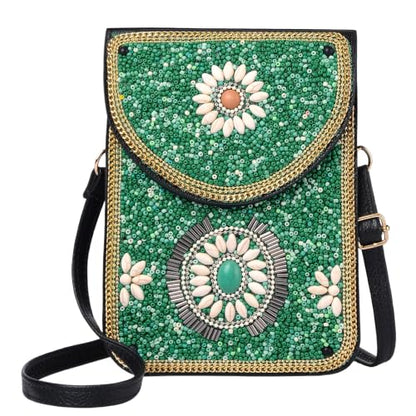 Small Crossbody Bags for Women, Cell Phone Shoulder Bag Boho Wallet Purse - color: Green Turquoise