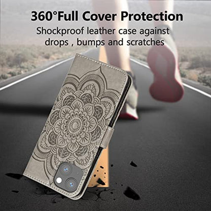 EYZUTAK Case for iPhone 14 Plus, Premium PU Leather Magnetic Flip Wallet Case with Card Holder Cash Slot Lanyard Strap Kickstand Function Embossed Mandala Flower Pattern Shockproof Cover - Gray - color: Gray, size: iPhone 14 Plus
