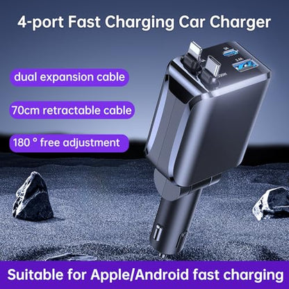 4 in 1 Retractable Car Charger, 69W Fast Charging USB C Car Charger with 2 Built-in Cables & Dual Ports, Multi Port Car Phone Charger Adapter for iPhone 17/16/15, Tablets, Android - color: Black Dual Cable