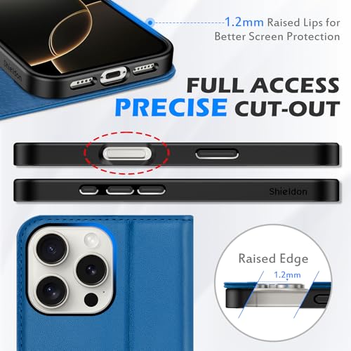 SHIELDON Real Leather Wallet Case for iPhone 16 Pro Max 6.9", Sapphire Blue | Magnetic Closure, RFID Blocking, Credit Card Holder, Viewing Stand, Foldable Design, Shockproof Protective Cover - color: Sapphire Blue