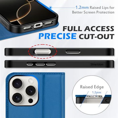SHIELDON Real Leather Wallet Case for iPhone 16 Pro Max 6.9", Sapphire Blue | Magnetic Closure, RFID Blocking, Credit Card Holder, Viewing Stand, Foldable Design, Shockproof Protective Cover - color: Sapphire Blue