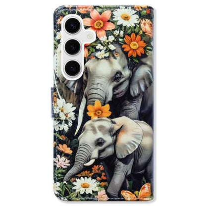 Bcov Case for Galaxy S25 FE,Elephant Mother Baby Flowers Leather Flip Phone Case Wallet Cover with Card Slot Holder Kickstand for Samsung Galaxy S25 FE - color: Elephant Mother Baby Flowers