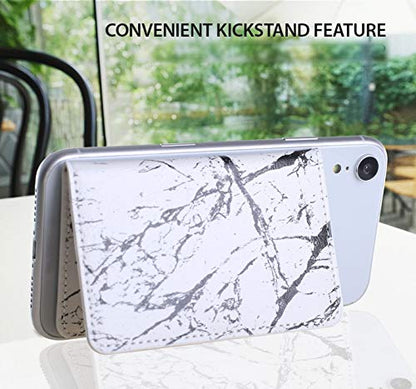 CheapSunday ID Card Holder for Back of Phone Leather Phone Wallet Stick On with Stand Flip Waterproof Leather Adhesive Wallet for Most Cellphones (Marble White) - color: Marble White