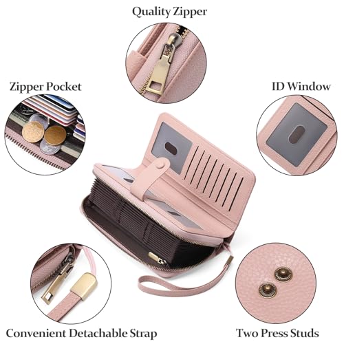 GAEKEAO Leather Credit Card Holder Wallet for Women RFID Blocking Large Capacity Bifold Zipper Card Case Organizer with Wristlet 45 Slots - color: Light Pink