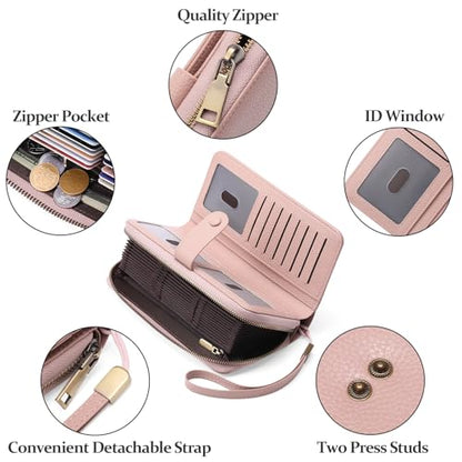 GAEKEAO Leather Credit Card Holder Wallet for Women RFID Blocking Large Capacity Bifold Zipper Card Case Organizer with Wristlet 45 Slots - color: Light Pink
