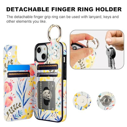 HAOPINSH for iPhone 13 iPhone 14 Wallet Case with Card Holder, Floral Flower Print Back Flip Folio PU Leather Kickstand Card Slots Case, Finger Grip Ring Double Magnetic Clasp Shockproof 6.1" - color: Floral Flower with Grip Ring