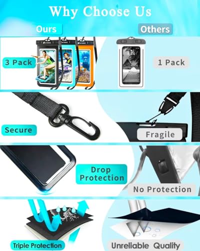 Universal Waterproof Phone Pouch 3 Pack, IPX8 Phone Water Protector Pouch Case Bag Lanyard Compatible iPhone 14 13 12 Pro Max Samsung Galaxy S22, Waterproof Phone Holder Protector Beach Swimming-3