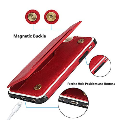 iCoverCase Compatible with iPhone SE(2022)/SE(2020)/7/8/6/6s Wallet Case with Card Slots Holder and Wrist Strap Premium PU Leather Kickstand Magnetic Clasp Shockproof Flip Cover Case (Red) - color: Red