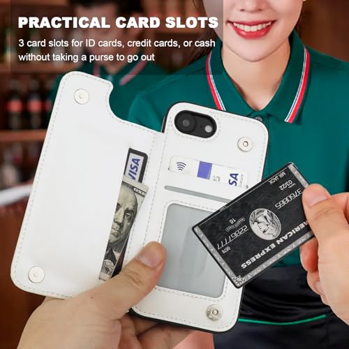 ONETOP for iPhone 17e/16e Wallet Case with Credit Card Holder,White | 360° Rotation Ring Kickstand,Finger Grip,Double Magnetic Clasp,RFID Blocking PU Leather Shockproof Cover for Women Men - color: White
