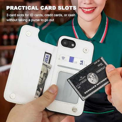 ONETOP for iPhone 17e/16e Wallet Case with Credit Card Holder,White | 360° Rotation Ring Kickstand,Finger Grip,Double Magnetic Clasp,RFID Blocking PU Leather Shockproof Cover for Women Men - color: White