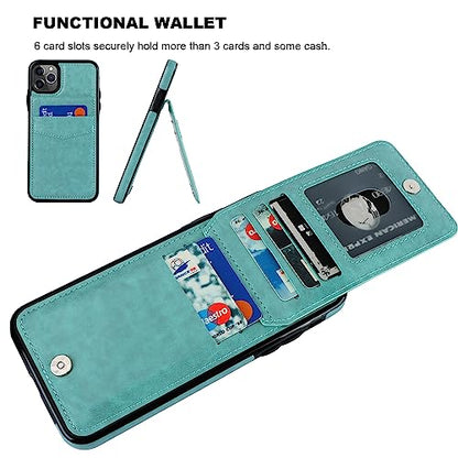 KIHUWEY for iPhone 11 Pro Max Wallet Case Card Holder Kickstand, Mint Green | Credit Card Slots, PU Leather, Magnetic Clasp, Flip Heavy Duty Protection Cover for Men and Women - color: Mint Green