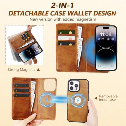 2 in 1 PU Leather for iPhone 16 Pro Case, Detachable Wallet Case with Card Holder, Removable Flip Folio Cover with RFID Blocking, Stand Shockproof Phone Cover（Compatible with MagSafe） Brown - color: Brown, size: Iphone 16 pro