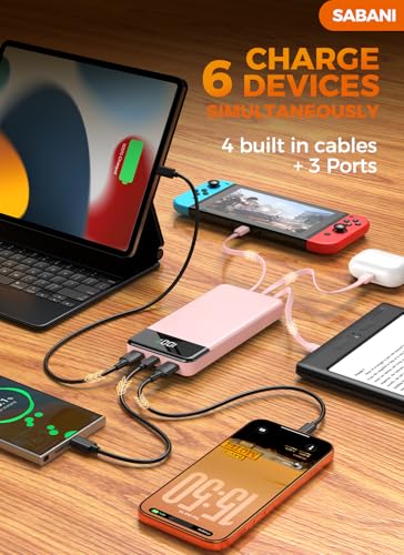 SABANI Portable Charger 35000mAh Power Bank, 4 Built in Cable Big Capacity - color: Bubblegum