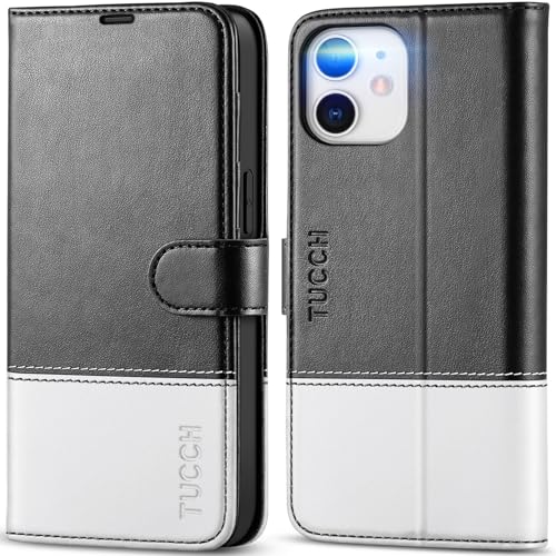 TUCCH Wallet Case for iPhone 12 Pro/12 6.1", 3 Card Holders, Black & White | RFID Blocking, Viewing Stand, Shockproof TPU Shell, PU Leather, Magnetic Closure, Protective Folio Flip Cover - color: Black & White