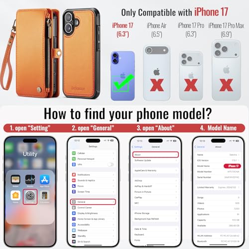 Defencase for iPhone 17 Phone Case Wallet Compatible with Magsafe, Orange | Magnetic Detachable, Drop-Proof Protective Wallet Cases Cover, with RFID Bolcking Card Holder, Zipper Strap, Soft PU Leather - color: (Detachable with Magsafe)-Orange