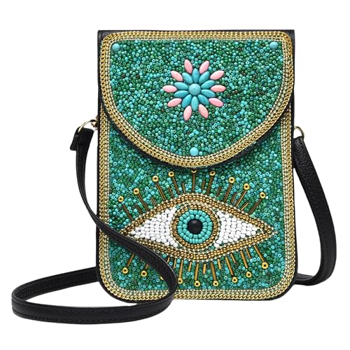 Small Crossbody Bags for Women, Cell Phone Shoulder Bag Boho Wallet Purse - color: Green