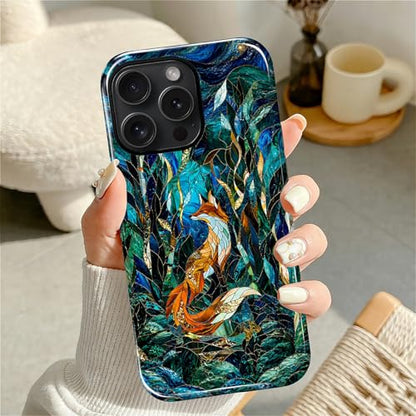 Case Compatible with iPhone 14 Pro, Cute Dual Layer Hybrid Phone Cover, Military Grade Drop Protection, Aesthetic Shockproof Phone Case for Women Girls, Woodland Fox Stained Glass - color: Woodland Fox Stained Glass, size: Iphone 14 Pro