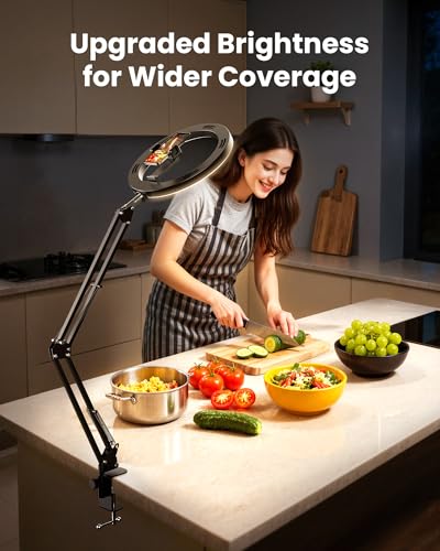 Pro Bright Overhead Ring Light with Clamp for Desk, Plug-in Powered for Stronger Lighting, Flexible Arm Phone Mount for Video, Cooking, Crafts & Livestream (18W) - size: 36.6" tall - High Brightness Clip-On Phone Holder