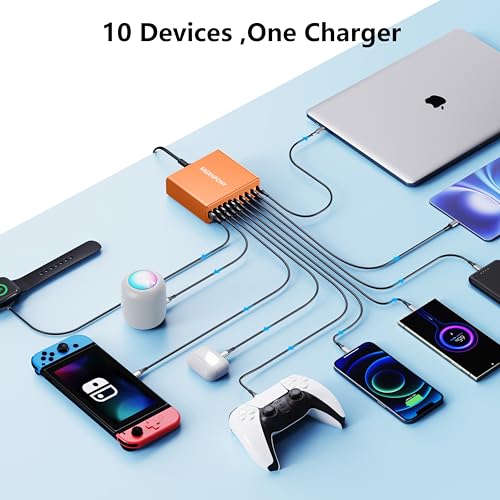 320W USB C Charger Block, MGRNPONY 10-Port GaN USB C Charging Station - color: Orange
